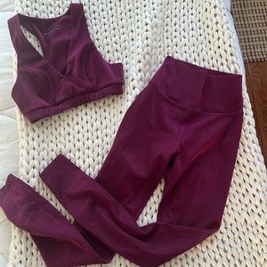 Lanston Sport Ribbed Leggings and Sports Bra Set in Rasberry